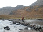 Crossing the causeway between Fionn Loch and Dubh Loch