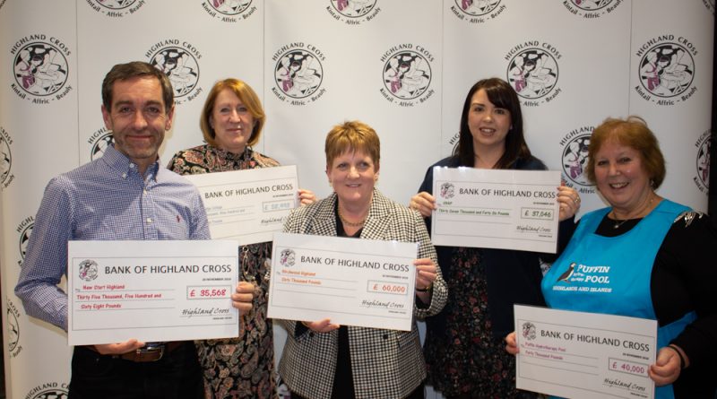 Receiving cheques from the 2019 Highland Cross are (from left) James Dunbar of New Start Highland, Miriam Veals of Cantraybridge College, Annabel Mowat of Birchwood Highland, Jenni Campbell of SNAP and Dr Helen Charley of Puffin Hydrotherapy Pool.
